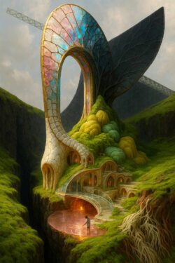 Ein geschwungener, organisch wirkender Bau ragt über einer Schlucht und formt ein großes Portal aus schillernden, glasfarbenen Flächen. Unter ihm pflegt eine Person das runde Wasserbecken, das wie ein polierter Spiegel wirkt. Die Kaskaden aus Wurzeln und Moospolstern verschmelzen mit der Architektur. Die gesamte Szene wirkt wie ein friedliches Heiligtum in einer grünen, verwunschenen Welt.