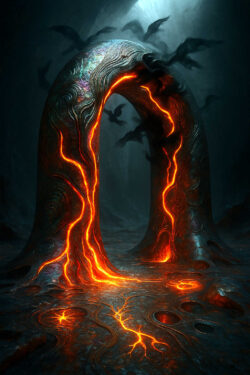 Ein dunkles, halb organisches Tor wölbt sich in einer höhlenartigen Landschaft. Glühende, rissartige Linien pulsieren wie flüssige Lava durch seine Oberfläche. Schatten fliegender Kreaturen ziehen über den Hintergrund. Die Umgebung ist feucht, kalt und wirkt dennoch voller hitziger Energie, als ob das Tor zu einer feurigen Welt führt.