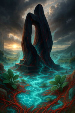 Ein monumentales Steingebilde erhebt sich über einer weiten Landschaft und wirkt wie ein uraltes Portal. Leuchtend blaue Energie fließt durch die Wurzeln im Boden und sammelt sich in hexagonalen Wasserflächen. Der Himmel öffnet sich über der Szene, zwischen schwerer Bewölkung und einem strahlenden Sonnenuntergang. Vegetation wächst entlang der glühenden Adern und verleiht dem Ort eine fast mythische Lebendigkeit.