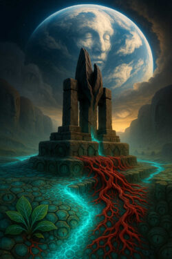 Ein steinernes Monument erhebt sich auf einer Landschaft aus hexagonalen Platten und leuchtenden Rissen. Rote Wurzeln fließen aus seinem Zentrum wie lebendige Adern. Über allem schwebt eine gigantische Himmelskugel, deren Wolken das Gesicht einer schlafenden Gottheit formen. In der Ferne sind weitere gesichtstragende Felsen sichtbar. Die Szene wirkt wie ein Übergangsort zwischen Planet und Bewusstsein.