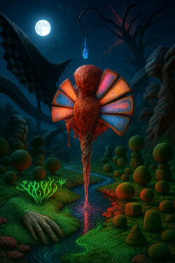 Eine schwebende Figur aus erdigen Massen und farbigen Paneelen steht über einem leuchtenden Bach. Ein einzelner, blauer Tropfen fällt aus einer geschwungenen Struktur über ihr herab. Die Landschaft besteht aus präzise geformten Baumkugeln und Pflanzen in leuchtenden Farben. Im Mondlicht wirkt die Szene unheimlich klar und gleichzeitig traumhaft. Der gesamte Aufbau erinnert an ein nächtliches Ritual der Wandlung.