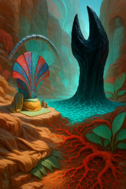 In einer leuchtenden Canyonlandschaft sitzt eine Figur vor einer fächerartigen Struktur aus roten und blauen Kristallschichten. Die Erde ist durchzogen von glühenden, wurzelartigen Linien, die sich wie Adern zur türkisfarbenen Wasserfläche winden. Ein schwarzes Monolithwesen erhebt sich wie ein lebender Fels aus dem Wasser. Alles wirkt wie ein heiliges Ufer, an dem Kräfte miteinander verhandeln.