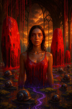 Eine junge Frau steht in einem viskosen, rot glänzenden See, umgeben von riesigen, tropfenden organischen Säulen. Schnecken treiben still im schimmernden Wasser, als beobachteten sie eine stumme Zeremonie. Ihr Blick ist ruhig und ernst, während der Himmel über ihr in goldenen Wolken brennt. Die Szenerie verbindet Schönheit und Unbehagen zu einem traumartigen Moment voller symbolischer Spannung.