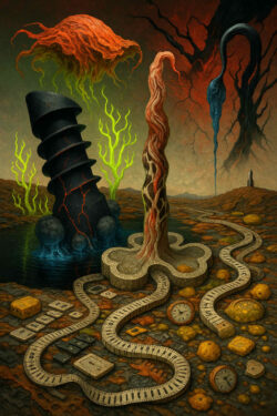 Surreale Steinwege winden sich wie Maßbänder durch eine verwüstete Ebene voller Uhren und seltsamer, wurzelnder Formen. Gigantische, organische Säulen ragen aus dem Boden, während glühende Risse und schwebende Gebilde die Szene durchbrechen. Die Farben wirken wie von einer fremden Welt, zwischen rostigem Orange und kaltem Grün. Eine ferne Figur steht still am Horizont, als beobachte sie das Atmen des Raumes selbst.