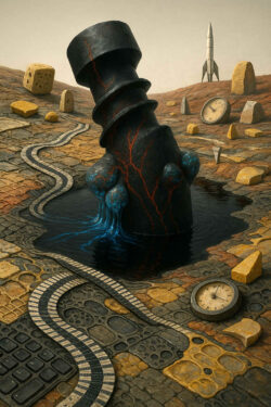 Eine gewaltige, schräg versunkene Metallstruktur ragt aus einem dunklen Wasserbecken empor. Die Landschaft aus gepflasterten Mustern, Gleisen und verstreuten Uhren wirkt wie ein zerbrochenes Zeitreich. Im Hintergrund steht eine Rakete bereit, als wolle sie der Szene entfliehen. Das Bild verbindet Zerfall, Technik und Zeitfluss zu einer rätselhaften Vision.