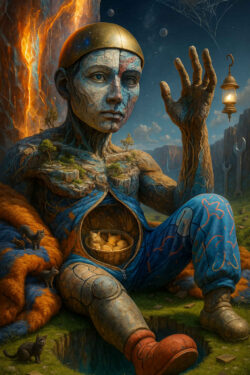 Eine übergroße, menschenähnliche Figur mit steinern wirkender Haut sitzt am Rand einer Schlucht. Sein geöffneter Bauchraum enthält einen Korb voller kleiner Tiere, während Katzen um ihn herumstreifen. Die Kleidung erinnert an ein märchenhaftes Kostüm, verziert mit Mustern und kräftigen Farben. Am Felsen hinter ihm glühen orange Adern wie aufbrechende Lava unter einem sternklaren Himmel.