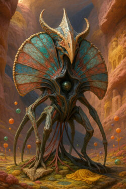 Ein hochgewachsenes, insektenartiges Wesen thront in einer farbenreichen Felslandschaft. Sein Brustkorb öffnet sich zu einem organischen Portal, in dem eine schimmernde Kugel ruht. Filigrane, fächerartige Strukturen breiten sich wie versteinertes Laub hinter ihm aus. Die Umgebung ist erfüllt von schwebenden Kugeln und fremden Pflanzen, als wäre dies der Mittelpunkt einer außerirdischen Kathedrale.