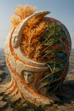Eine monumentale Steinfigur mit ruhigem Gesicht ist halb vom Inneren eines Korallenbaums umwachsen. Neben ihr wölbt sich eine gläserne Kugel mit mehreren grünen Terrassen, die wie ein eingeschlossenes Biotop wirken. Glühende Risse ziehen sich durch den Stein wie Adern aus flüssigem Feuer. Das Werk ruht auf einer weiten, felsigen Ebene am Meer. Die Komposition verbindet Architektur, Natur und spirituelle Form in einem einzigen Körper.