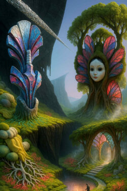 In einer moosüberwachsenen Landschaft erheben sich zwei fantastische Baumwesen mit farbigen, fast gläsernen Blattkronen. Zwischen ihnen führt ein kleiner Weg zu einem Tor aus verflochtenen Ästen und bunten Flächen. Nebel steigt aus den Wurzeln und verleiht der Szene eine mystische Ruhe. Ein einzelner Mensch wandert am Wasser entlang und wirkt wie ein Besucher aus einer fremden Welt.