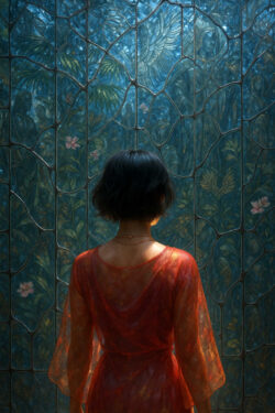 Eine Frau von hinten in einem durchscheinenden roten Kleid steht mit dem Gesicht zu einer kunstvollen Glaswand. Die Glasfläche zeigt pflanzliche Ornamente und geflügelte Wesen, als ob sie Geschichten bewahrt, die nur stumm erzählt werden. Das Licht fällt weich auf ihre Schultern und hebt ihre Silhouette hervor. Die Atmosphäre ist still, intim und voller geheimnisvoller Tiefe.