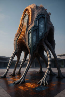 Ein monumentales, mehrbeiniges Gebilde steht auf einem weiten Platz aus glänzenden Kacheln. Die Struktur wirkt halb architektonisch, halb lebendig, mit fensterartigen Elementen und schichtartigen Formen. Die langen, gestreiften Beine verleihen ihm etwas Insektenhaftes. Das Morgenlicht betont seine fremde, zugleich majestätische Präsenz.