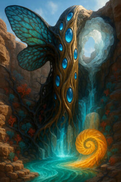 Eine riesige organische Struktur mit blauen, kristallartigen Linsen breitet einen einzelnen Flügel über einer Felsenschlucht aus. Unter ihr ergießt sich ein türkisfarbener, fast flüssig leuchtender Wasserfall. Am Boden windet sich eine goldene Spirale in einen türkisfarbenen Fluss. Die umliegenden roten und blauen Sträucher wirken wie Pflanzen fremder Chemie. Die Szene strahlt eine ruhige, mythische Klarheit aus.