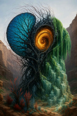 Ein gewaltiges organisches Gebilde vereint einen blauen, flügelartigen Schild mit einem goldenen Wirbelherz. Von der rechten Seite stürzt ein grüner, kristalliner Wasserfall kaskadenartig hinab. Die Landschaft aus Sandstein umrahmt die Szene wie ein natürlicher Tempel. Unten wachsen bunte, korallenähnliche Pflanzen. Das Bild wirkt wie die Darstellung eines uralten Naturgeistes in materieller Form.