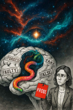 Ein gezeichneter menschlicher Kopf ist geöffnet und zeigt ein buntes, wurmähnliches Wesen, das sich durch das Gehirn windet. Über den Schädel hinaus erstreckt sich ein überwältigendes Sternenfeld mit leuchtenden Nebeln. Auf dem Gehirn kleben Worte wie „FORGED“, „FAKE“ und „FALSE“, während eine ernste Frau ein Schild mit der Aufschrift „PROBE“ hält. Das Bild reflektiert Zweifel, Wahrheitssuche und die Weite des Denkens im Angesicht des Universums.
