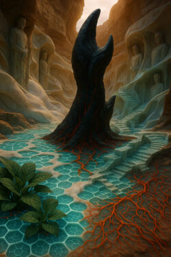 Ein dunkler, klauenförmiger Monolith erhebt sich aus einer türkisfarbenen Wasserfläche mit wabenartigen Mustern. Rote, glühende Linien ziehen sich wie Wurzeln vom Obelisken in den Boden hinein. An den Felswänden thronen in Stein gehauene Figuren, die über die Szenerie wachen. Die Umgebung wirkt wie ein vergessener Tempel in einer fremden, uralten Welt.