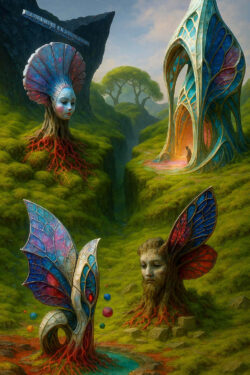 Kopfartige Wesen mit farbigen, flügelartigen Steinstrukturen wachsen wie Baumgeister aus dem moosigen Boden. Ein leuchtendes, architektonisches Gebilde steht wie ein Tor zu einer anderen Welt am oberen Rand der Schlucht. Die Landschaft wirkt weich und zugleich fremdartig, voller geschwungener Pfade und schimmernder Pflanzen. Schweigende Köpfe ruhen halb versunken im Boden, als würden sie die Welt träumen.