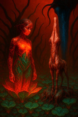 Eine glühend rote, menschliche Gestalt steht einer wurzelartigen Kreatur gegenüber. Die Umgebung ist erfüllt von dunklen, rankenden Formen und grünlichen Pflanzenstrukturen. Beide Figuren wirken wie aus einem gemeinsamen organischen Ursprung geboren. Das Bild vermittelt Intensität, Wandlung und ein mystisches Verhältnis zwischen Wesen und Umgebung.