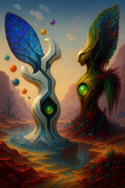 Zwei monumentale Gestalten, halb Skulptur, halb Wesen, stehen sich in einer rot erleuchteten Felslandschaft gegenüber. Beide tragen große, flügelartige Strukturen und haben leuchtende, kugelförmige Zentren im Körper. Schwebeartige farbige Sphären umrahmen die stille Begegnung. Die Stimmung ist rituell, als würden hier alte Kräfte aufeinandertreffen.