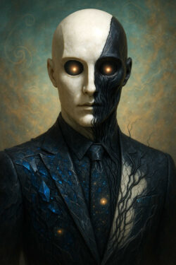 Ein Mann mit glattpoliertem, maskenhaftem Gesicht steht frontal, eine Hälfte hell und glatt, die andere dunkel und strukturiert wie verbrannte Erde. In seinem Anzug glimmen Sterne und kosmische Muster, als ob das Universum unter der Oberfläche pulsiert. Seine Augen sind leer, aber leuchtend und wirken unheimlich. Das Bild vermittelt eine Dualität aus Leben, Tod und kosmischer Tiefe.