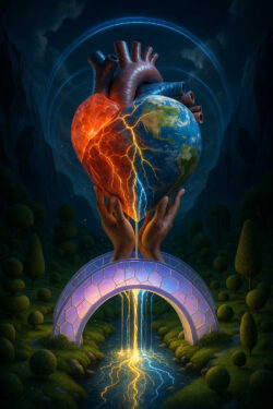 Alttext: Eine riesige Kombination aus menschlichem Herz und Erdkugel wird von zwei Händen über einer leuchtenden Brücke gehalten. Elektrische Risse ziehen sich über die Oberfläche, halb in Feuerrot, halb in Ozeanblau. Unter der Brücke fließt ein Fluss, der von goldenen Energieadern durchzogen ist. Die Landschaft ist mondbeschienen und von weichen Baumformen umgeben. Die Szene vermittelt den Eindruck eines planetaren Herzschlags.