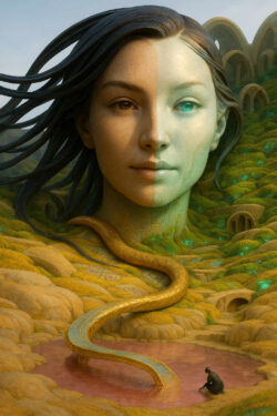 Ein gigantisches Frauenantlitz ragt aus einer surrealen, hügeligen Landschaft hervor, halb warm fleischlich, halb jadegrün und künstlich. Eine goldene, schlangenartige Struktur windet sich aus ihrem Hals hinunter zu einem rosafarbenen Teich. Ein kleiner Mensch sitzt am Ufer und betrachtet die Szene in stiller Andacht. Überall glimmen türkisfarbene Lichter, als ob die Erde atmete und träumte.