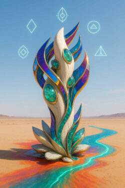 Eine skulpturale, abstrakte Form erhebt sich aus einer sandigen Landschaft und ist mit leuchtenden, türkisfarbenen Kristallelementen durchzogen. Goldene Linien und organische Kurven verleihen dem Objekt eine fast sakrale Anmutung. Ein schmaler, farbiger Wasserlauf führt auf die Skulptur zu. Über ihr schweben geometrische Symbole am klaren Himmel. Die Szene verbindet Wüste, Kunstobjekt und spirituelle Symbolik.