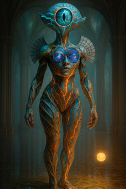 Eine humanoide Gestalt aus blau-goldener Energie steht in einer gewölbten Halle, ihr Kopf ersetzt durch ein riesiges, leuchtendes Auge. Der Körper wirkt wie aus Stein und Donneradern geformt. Auf dem Gesicht sitzt eine Brille, in der ganze Galaxien schimmern. Neben ihr schwebt eine goldene Kugel über dem polierten Boden, als Begleiter oder Botschaft aus einer anderen Dimension.