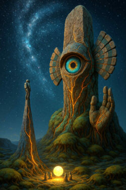 Ein gigantisches, steinernes Wesen mit einem einzigen leuchtenden Auge thront über einer mossigen Landschaft unter einem klaren Sternenhimmel. Ein einzelner Mensch steht auf einer dünnen Felsspitze und blickt zu ihm auf. Am Boden sitzen kleine Figuren um eine glühende goldene Kugel, die die Umgebung erhellt. Risse aus orangefarbenem Licht durchziehen die Felsstrukturen und verleihen ihnen etwas Lebendiges. Die Atmosphäre wirkt mythisch und geheimnisvoll wie ein uralter Kultplatz.