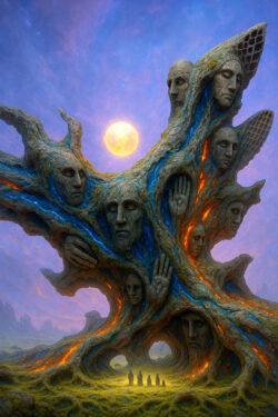 Ein gewaltiges, knorriges Baumwesen trägt zahlreiche steinerne Gesichter, die aus seinem verkrümmten Holz hervortreten. Blaue und orangefarbene Energieadern durchziehen sein Inneres und lassen es wie eine lebende Skulptur wirken. Unter dem vollen Mond stehen kleine Gestalten ehrfürchtig im Licht, das durch die Wurzeln strömt. Der Himmel schimmert violett, als läge Magie in der Luft.
