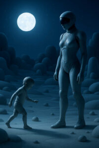 Eine humanoide, futuristische weibliche Gestalt steht in einer nächtlichen Landschaft einem kleinen Kind gegenüber. Der Mond leuchtet groß und kühl über einer weichen, fremdartigen Umgebung. Zwischen Kind und Maschine entsteht ein stiller Moment vorsichtiger Annäherung. Das Bild vermittelt Einsamkeit, Schutz und eine fragile Verbindung zwischen Generationen.