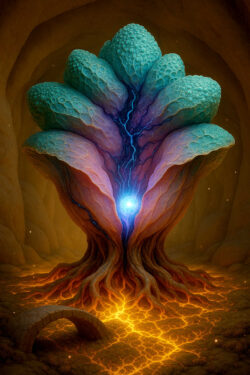 Eine pflanzenähnliche Struktur wächst aus einem höhlenartigen Raum empor. In ihrer Mitte leuchtet ein intensiver blauer Lichtkern. Die Oberfläche erinnert an organisches Gewebe und Stein zugleich. Warme, goldene Risse im Boden kontrastieren mit dem kühlen Zentrum. Die Szene wirkt wie eine Mischung aus Wachstum und Energiequelle.