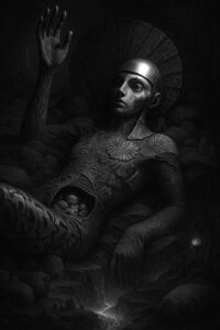 Eine monochrome, skulpturale Figur liegt in einer düsteren, felsigen Umgebung. Der Körper ist geöffnet und gibt den Blick auf kleine, kugelförmige Elemente im Inneren frei. Die Textur wirkt steinern und verletzlich zugleich. Licht und Schatten erzeugen eine beklemmende, existenzielle Stimmung.
