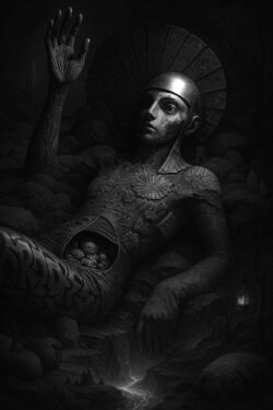 Eine monochrome, skulpturale Figur liegt in einer düsteren, felsigen Umgebung. Der Körper ist geöffnet und gibt den Blick auf kleine, kugelförmige Elemente im Inneren frei. Die Textur wirkt steinern und verletzlich zugleich. Licht und Schatten erzeugen eine beklemmende, existenzielle Stimmung.