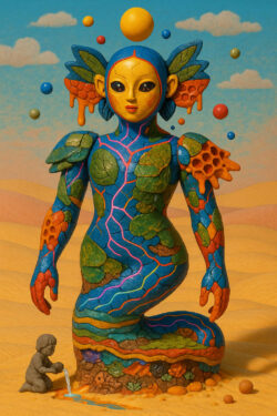 Eine verspielte, skulpturale weibliche Figur mit leuchtend buntem Körper steht in einer Wüstenlandschaft. Ihre Oberfläche wirkt wie aus Ton oder Knetmasse geformt, mit klar abgegrenzten Farbfeldern. Kleine Kugeln schweben um sie herum, während eine winzige Figur Wasser aus dem Boden schöpft. Die Szene verbindet kindliche Fantasie mit surrealer Symbolik.