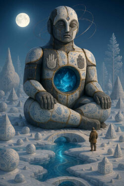 Ein massiver Keramik-Riese mit blauen floralen Mustern sitzt in einer gefrorenen, geometrischen Landschaft. In seinem Bauch leuchtet eine Eiswelt in tiefem Blau. Ein einzelner Mensch in Winterkleidung steht ehrfürchtig vor ihm. Der Vollmond taucht die Umgebung in ein sanftes, magisches Licht, das die Stille beinahe hörbar macht.