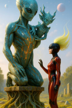 Eine große, turquoise leuchtende alienhafte Figur steht wie eine Statue auf einem Wurzelpodest und hält ein kindliches Wesen derselben Art im Arm. Davor steht eine Frau in einem roten futuristischen Anzug, die eine elektrische Energie zwischen ihren Fingern formt. Der Hintergrund zeigt eine helle, offene Landschaft mit monumentalen Steinformen und fernen Planeten am Himmel. Die Spannung zwischen beiden Lebensformen wirkt friedlich und neugierig. Die Szene erinnert an ein erstes bewusstes Zusammentreffen zweier Zivilisationen.