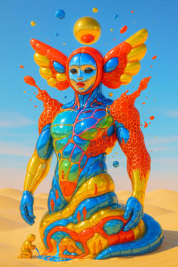 Eine hochglänzende, farbintensive weibliche Figur sitzt monumental in einer sonnigen Landschaft. Ihr Körper erinnert an polierten Kunststoff oder Glas und reflektiert Blau-, Gelb- und Rottöne. Kleine menschliche Figuren stehen zu ihren Füßen und verstärken den Maßstab. Die Komposition wirkt wie eine futuristische Gottheit in einer spielerischen Welt.