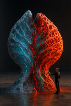 Eine monumentale, organisch geformte Struktur steht im dunklen Raum, halb in kaltem Blau, halb in glühendem Rot. Leuchtende Adern ziehen sich durch das Material und treffen in der Mitte aufeinander. Ein Mensch steht klein daneben und berührt vorsichtig die Oberfläche. Die Gegensätze von Hitze und Kälte wirken spannungsvoll vereint. Das Objekt erinnert an ein lebendiges, fremdartiges Herz.