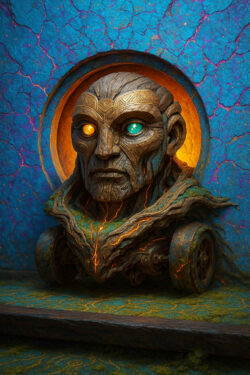 Ein hybrides stein-metallenes Wesen lugt aus einer runden Öffnung hervor und trägt ein Gesicht voller Muster und Gravuren. Seine Augen leuchten zweifarbig – warmes Gold und kühles Türkis – wie gegensätzliche Wahrheiten. Verwurzeltes Material mit glühenden Rissen umhüllt seinen Oberkörper und verbindet ihn organisch mit seinem Podest. Die blaue, aufbrechende Wand hinter ihm verstärkt den Eindruck eines uralten, mystischen Orakels.