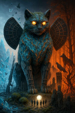 Eine gigantische steinerne Katze mit glühenden Augen thront zwischen zwei Welten: links eine eisige Landschaft, rechts ein brennender Wald. Auf ihrem Rücken trägt sie flügelartige Strukturen, als wäre sie Wächterin eines uralten Gleichgewichts. Zu ihren Füßen steht eine Gruppe kleiner Menschen, die ein leuchtendes goldenes Artefakt betrachten. Überall fliegen Schmetterlinge, während Wölfe und Krähen wie Schattenwächter im Hintergrund lauern.