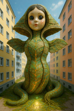Eine monumentale, puppenhafte Gestalt mit reptilienähnlicher Struktur erhebt sich zwischen Wohnhäusern, als wäre sie aus lebendigem Blattwerk entstanden. Ihre Flügel und Schuppen sind in grün-goldenen Mustern organisiert und wirken zugleich zart und unheimlich. Zu ihren Füßen stehen winzige Menschen im Licht einer strahlenden Kugel. Die Szene verbindet urbane Normalität mit märchenhaftem Übermaß.