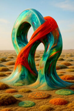 Zwei massive, ringartige Formen aus fließendem, farbigem Material verschlingen sich ineinander. Türkise und rote Strukturen überlagern sich und wirken weich und plastisch. Der Boden ist von moosartigen Flecken übersät. Die Landschaft ist offen und ruhig. Das Objekt scheint eine eingefrorene Bewegung darzustellen.