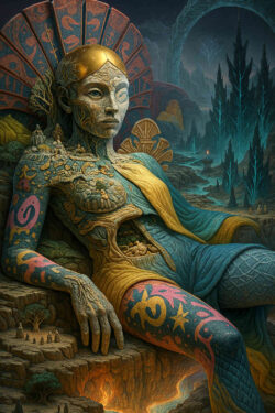 Eine majestätische, in warmen und kalten Farben bemalte Frauenfigur halb Mensch, halb Landschaft ruht auf einer steinernen Terrasse. In ihren Körper sind Dörfer, Bäume und Muster eingearbeitet, als ob sie die Welt selbst beherberge. Hinter ihr erstrecken sich kristalline Wälder und ein mächtiger Torbogen. Ihre Haltung wirkt zugleich erschöpft und erhaben.