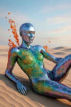 Eine humanoide weibliche Figur liegt entspannt im Sand einer Wüstenlandschaft. Ihre Haut besteht aus glänzenden, metallisch wirkenden Flächen in Blau, Grün und Violett. Leuchtende Linien durchziehen den Körper wie ein Netzwerk. Hinter ihr steigen orangefarbene Partikel auf. Die Figur wirkt künstlich und zugleich erstaunlich lebendig.