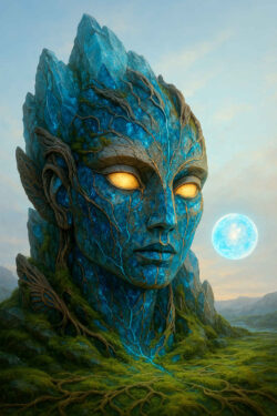 Ein gigantischer Kopf aus blauem, kristallartigem Gestein ragt über eine moosige Landschaft, als sei er Teil eines uralten Gebirges. Goldene Augen leuchten wie innere Feuer und werfen geheimnisvolle Reflexe in den Raum. Filigrane Wurzeladern durchziehen das ganze Gesicht und verbinden es mit dem Boden. Eine helle, runde Sonne schwebt daneben wie ein zweiter Blick.