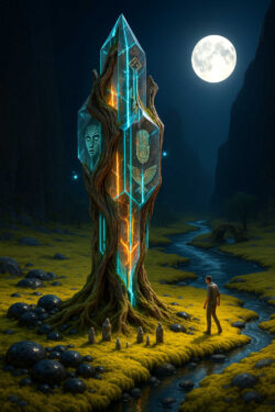 Ein hoher Kristallmonolith steht in einem dunklen Tal unter einem strahlenden Vollmond. Der Kristall ist von wurzelartigen Holzstrukturen umschlungen und zeigt leuchtende Symbole und Masken. Ein Mensch nähert sich der Struktur, während kleine steinerne Figuren am Fuß des Monolithen stehen. Ein ruhiger Fluss zieht sich durch das Tal, das von Moos und Felsen bedeckt ist. Die Szene wirkt wie eine Begegnung mit einem heiligen, uralten Artefakt.