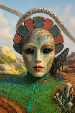 Eine riesige feminine Maske, verziert mit roten und blauen Fächerplatten, erhebt sich aus einer Landschaft aus hexagonalen, türkis hinterleuchteten Gesteinen. Ihre Augen sind dunkel und tief, die Haut wirkt wie polierter Stein mit leuchtenden Adern. Hinter ihr zieht sich eine filigrane Skelettstruktur wie ein weißer Bogen über den Himmel. Die Umgebung wirkt zugleich archaisch und futuristisch.
