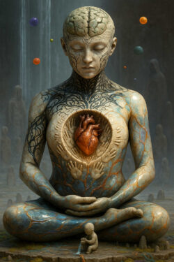 Eine sitzende, menschliche Figur mit steinernem Körper hält ein freigelegtes Herz in der Brust.Feine Linien und Muster durchziehen Haut und Kopf wie Wurzeln oder Adern. Ein kleines Kind sitzt zu Füßen der Figur und berührt Wasser. Die Atmosphäre ist ruhig, spirituell und von innerer Sammlung geprägt.