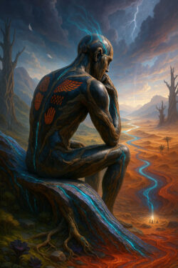 Ein steinartiger Riese sitzt nachdenklich am Rand einer zerklüfteten Landschaft, durchzogen von einem hellen, blauen Energiebach. In seine Haut sind Muster von Händen und Flügeln eingraviert, als Zeichen einer vergessenen Kultur. Blitze zucken über seinem Kopf, als ob Gedanken in ihm einschlagen. Die Wüste hinter ihm glüht in warmen Orange- und Rottönen.