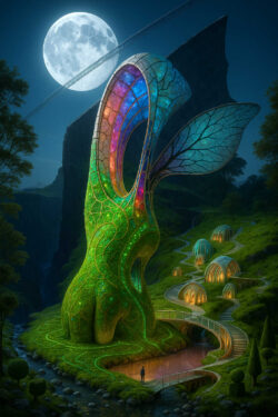 Ein leuchtender, pflanzenähnlicher Turm erhebt sich in einer nächtlichen Landschaft, durchzogen von farbigen, organischen Lichtadern. Ein kleiner Mensch steht auf einer Brücke und blickt zu der riesigen Struktur auf. Im Hintergrund schwebt ein Vollmond über einer dunklen Felswand, durchzogen von einer feinen Brücke oder Bahn. Neben dem Turm liegen kleine, kuppelartige Häuser entlang eines gewundenen Pfades. Die Szene wirkt wie ein fremder, magischer Lebensraum jenseits der bekannten Welt.